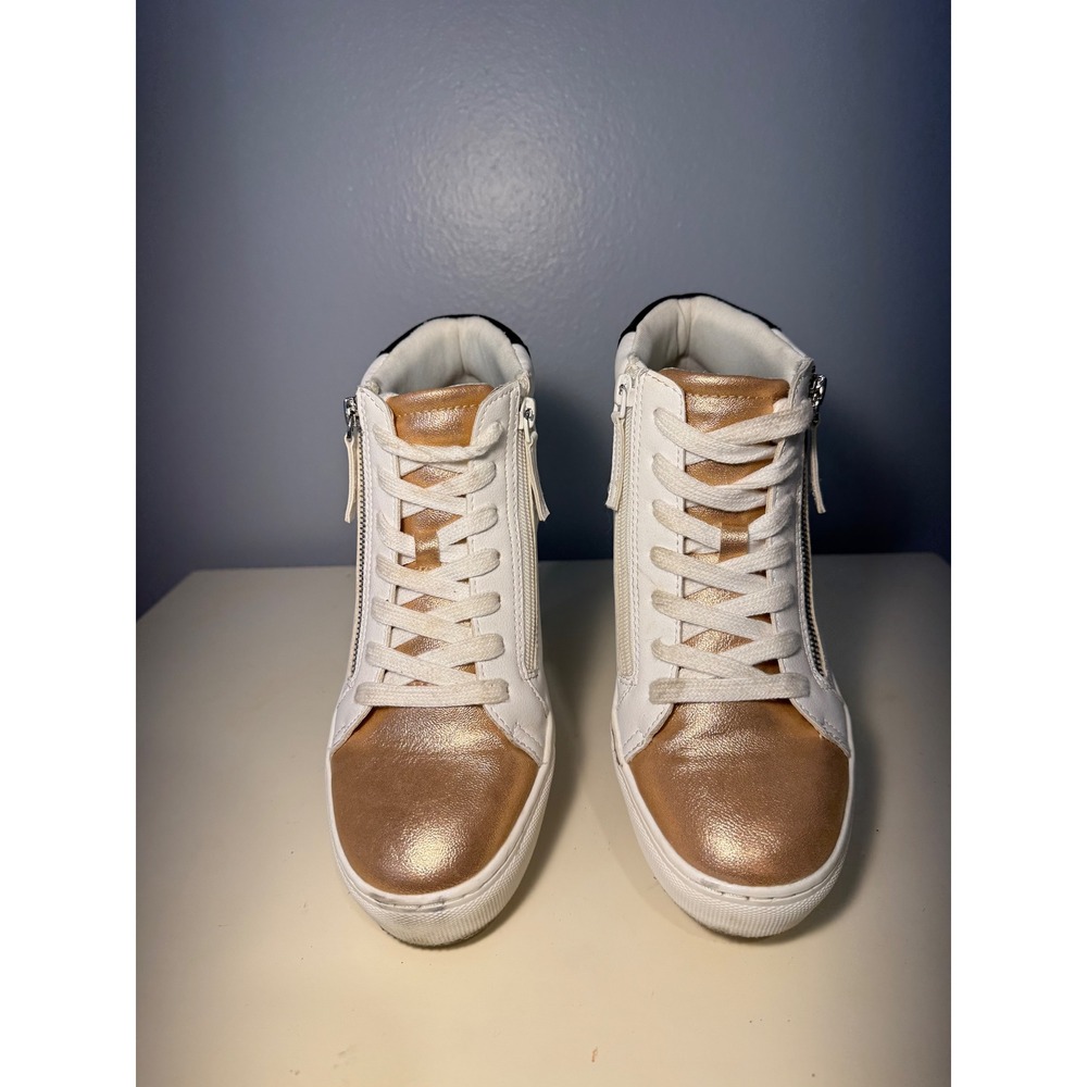 White Rose Gold High Top Zipper Lace Up Fashion Sneakers Women's Size 8.5